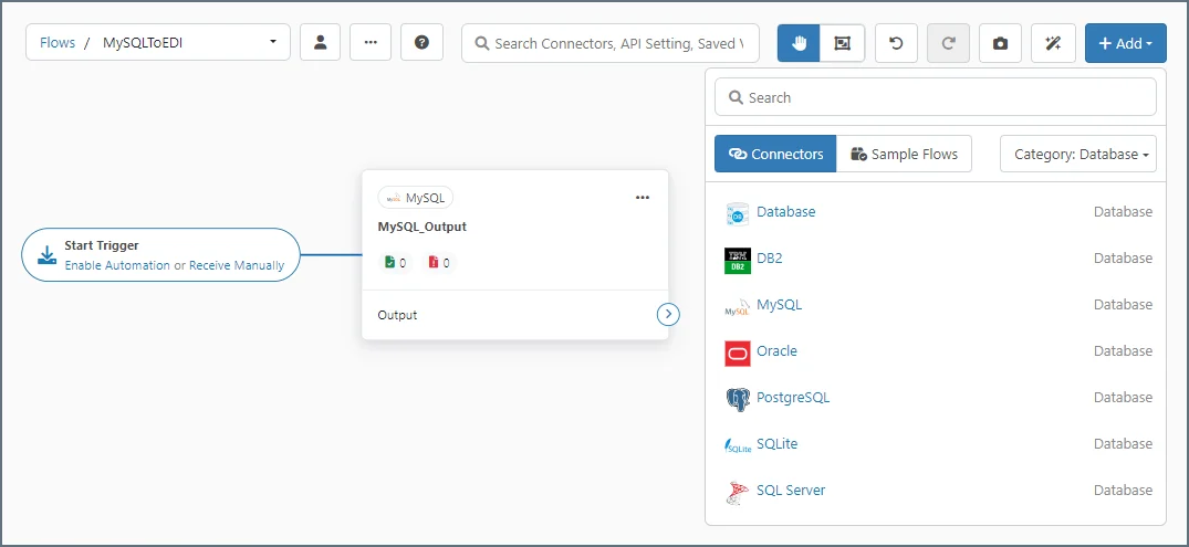 MySQL connector on the workspace canvas