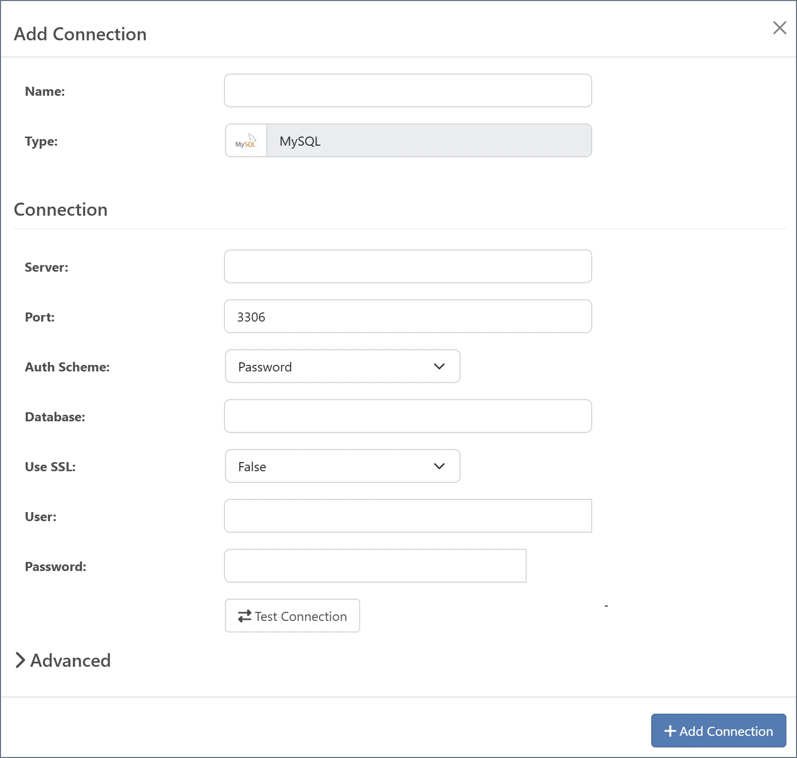 MySQL Add Connection page