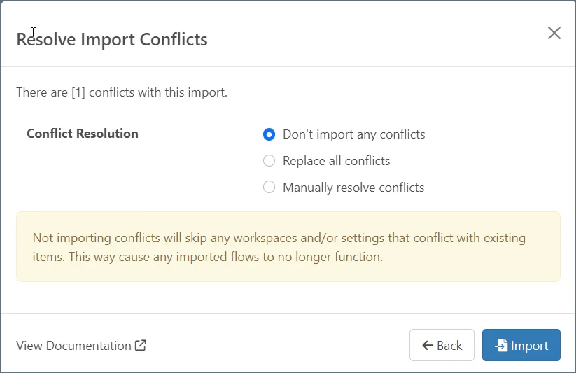 Resolve import conflicts dialog