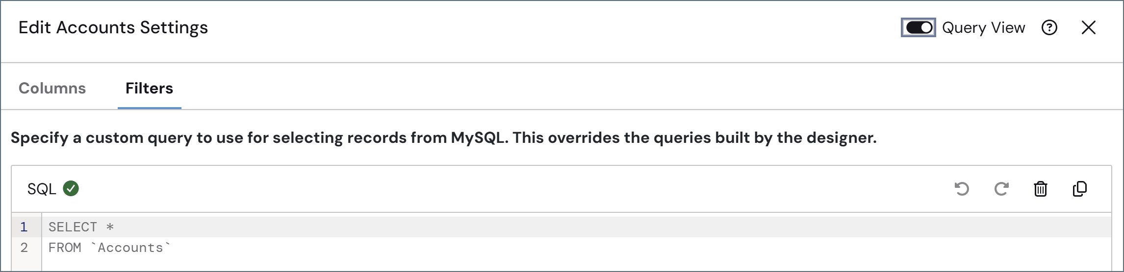 Query View mode showing a custom SQL query