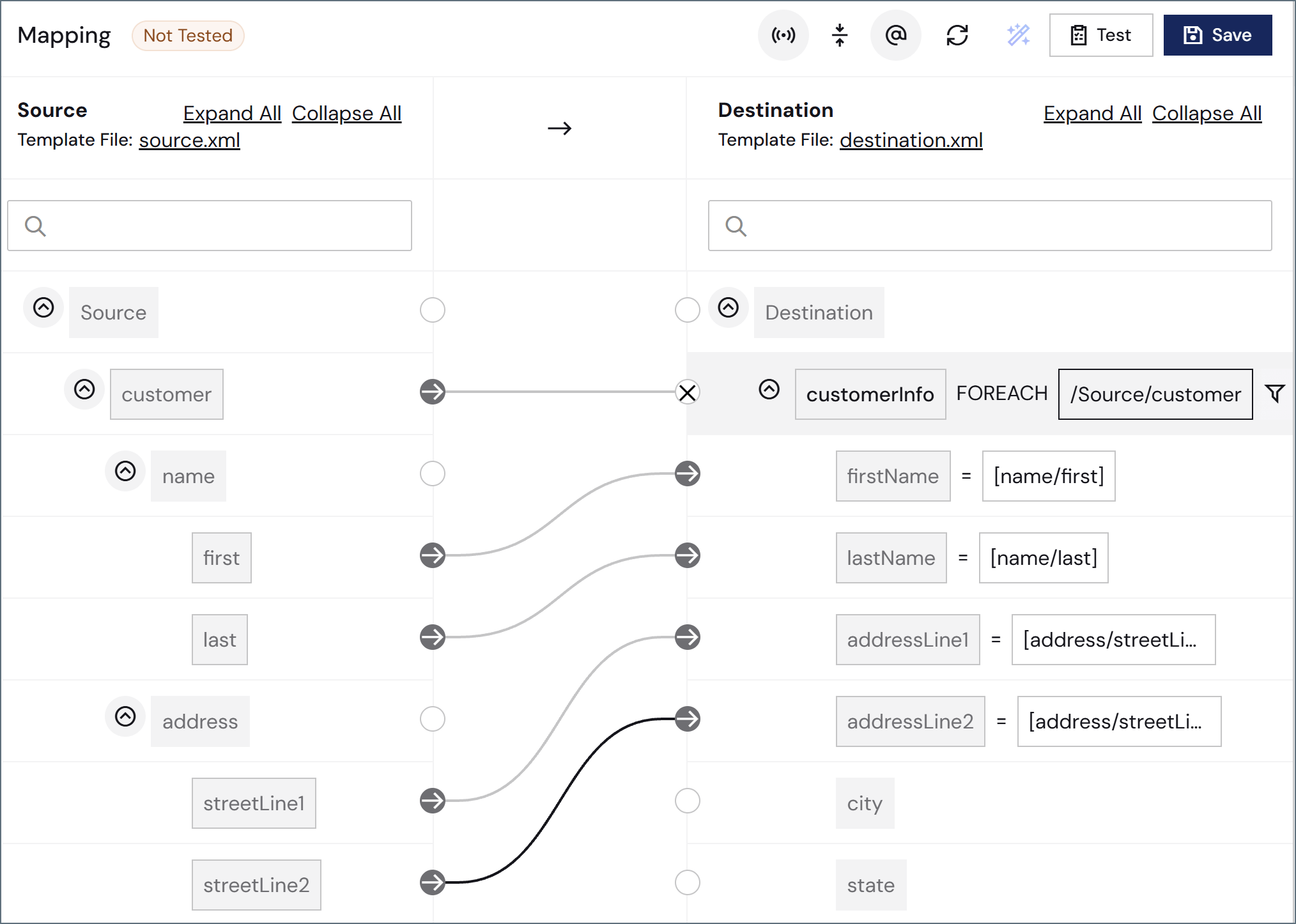 The XML Map connector's Mapping interface with elements from the Source tree mapped to the Destination tree, shown as curved lines connecting fields such as first to firstName and last to lastName.