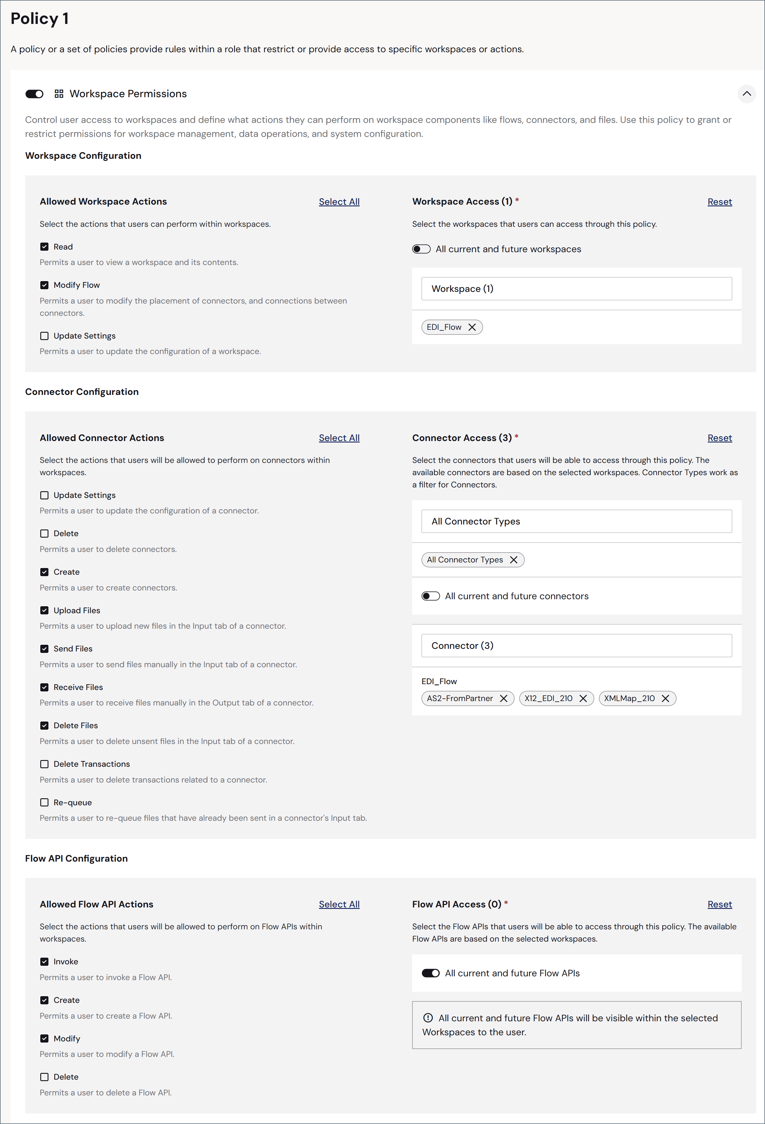 Policy 1 with workspace, connector, and flow API permissions completed