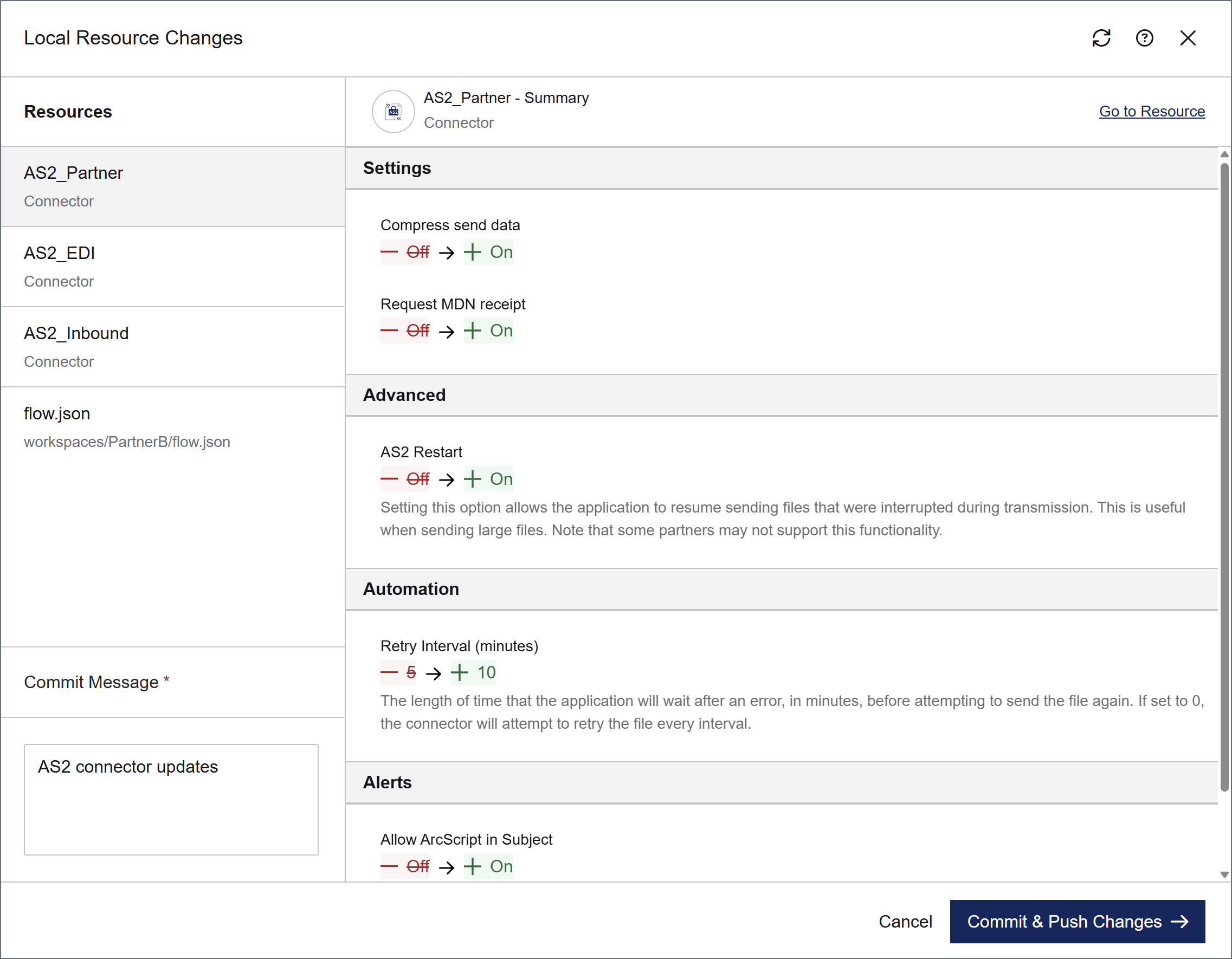 Local file changes pane with commit message field