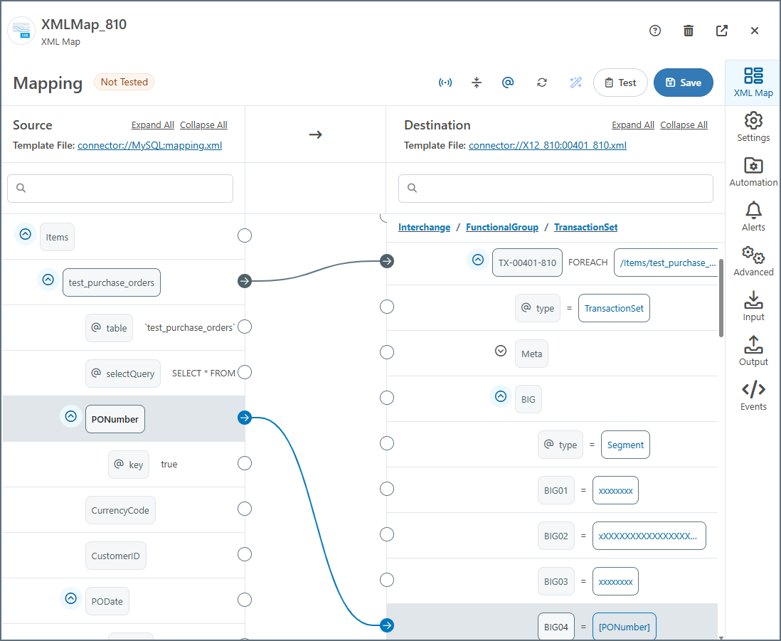 Mapping PONumber to BIG04 in the XML Map connector