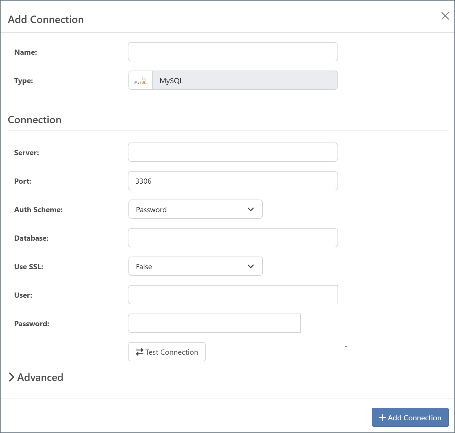 MySQL Add Connection page