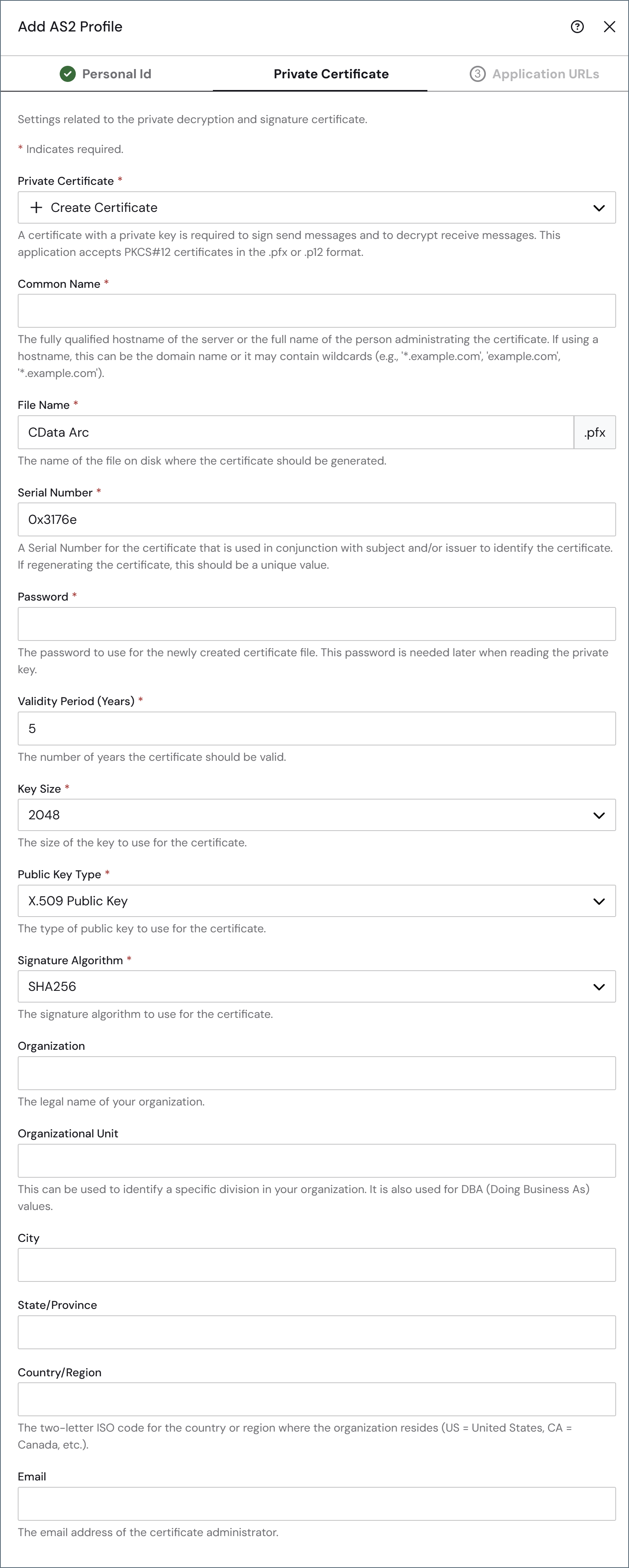 Create Certificate option in the Private Certificate dropdown