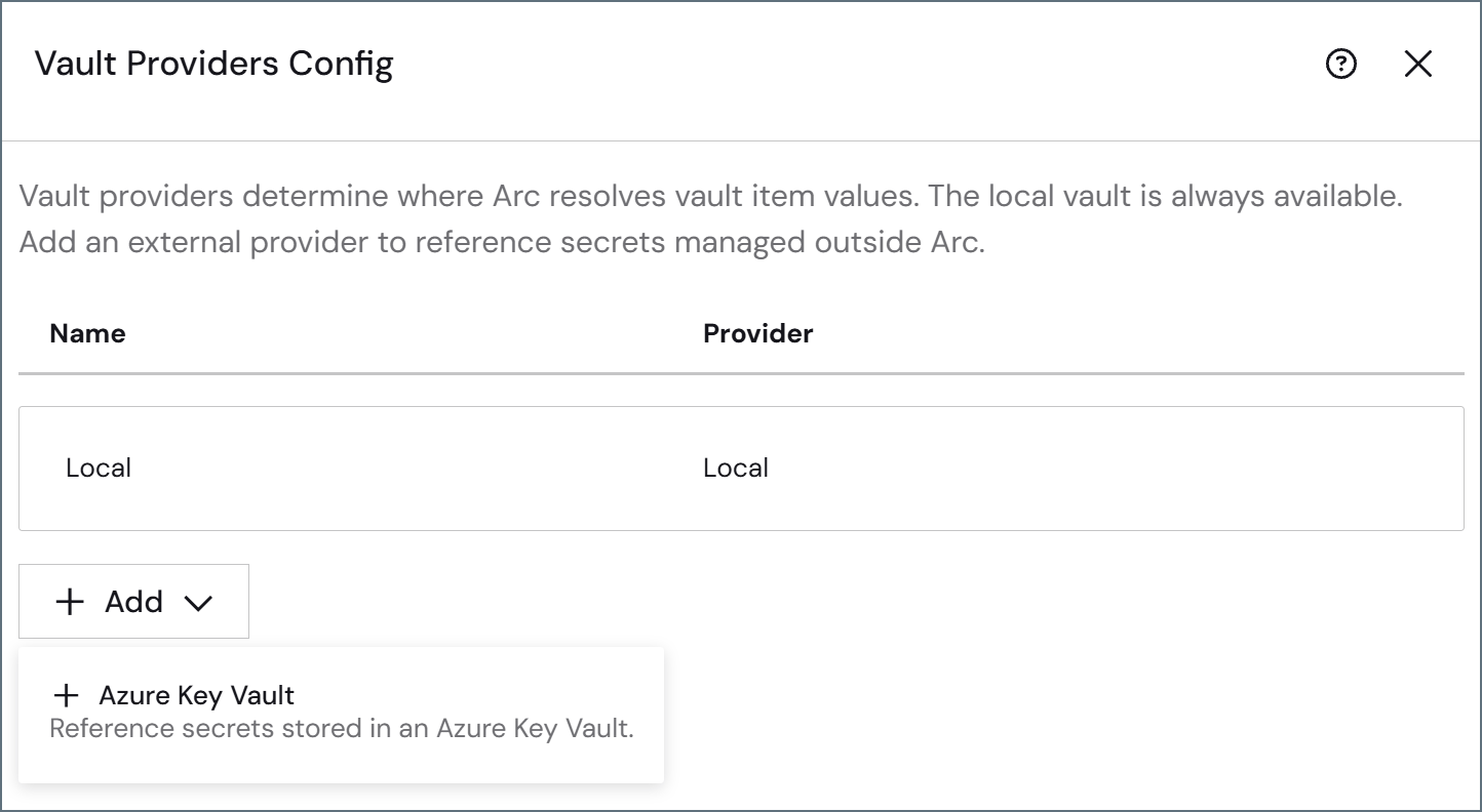 ローカルプロバイダーと追加ドロップダウンを表示するVault プロバイダー設定ペイン