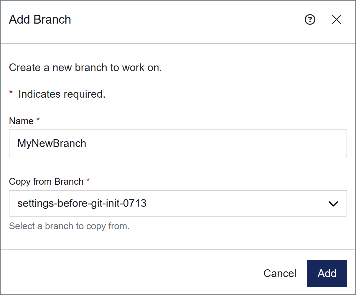 Add branch dialog