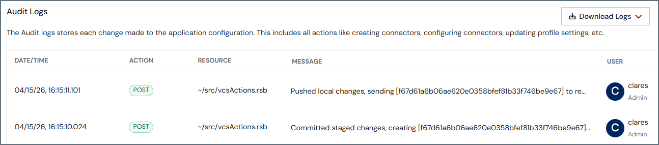 Audit logs for version control changes