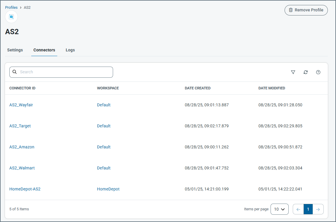Profiles connectors tab