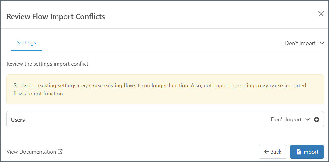 Review flow import conflicts dialog