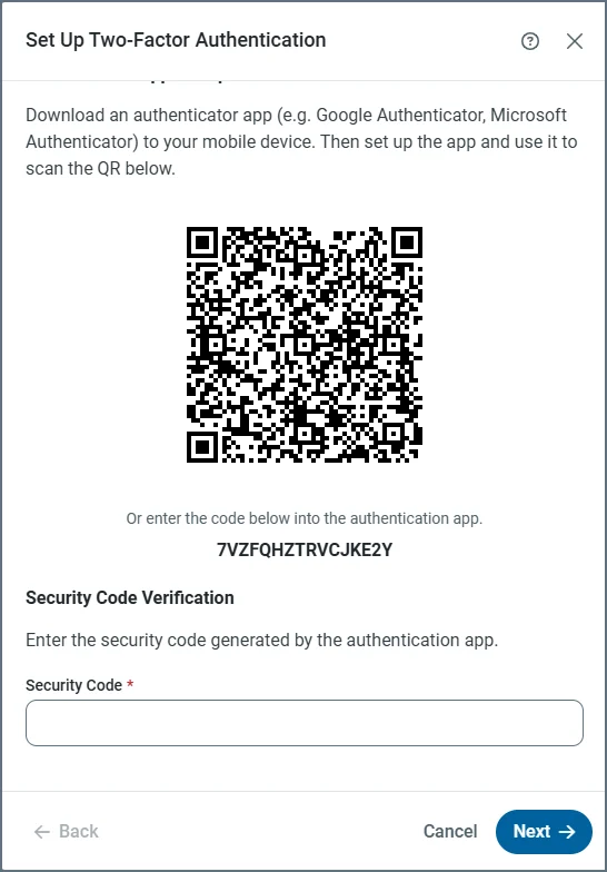 2FA QR code setup window