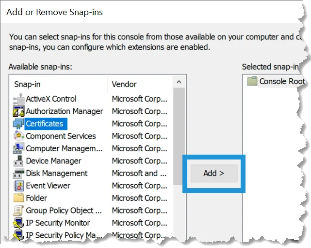 Add snap-in dialog in MMC