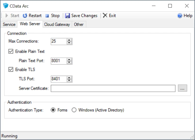 Server options dialog for TLS configuration