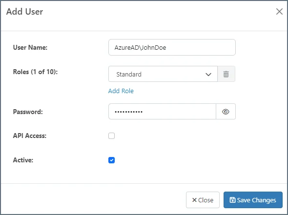 Add AD user dialog showing DOMAIN\Username format