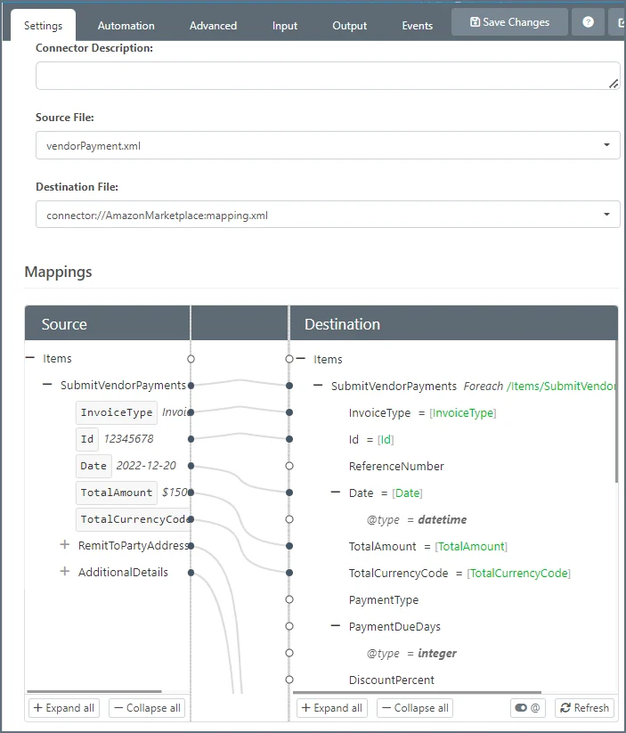 Amazon Marketplace Submit Vendor Payments XML Mapping