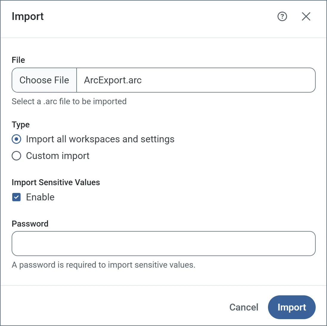 Application settings import dialog