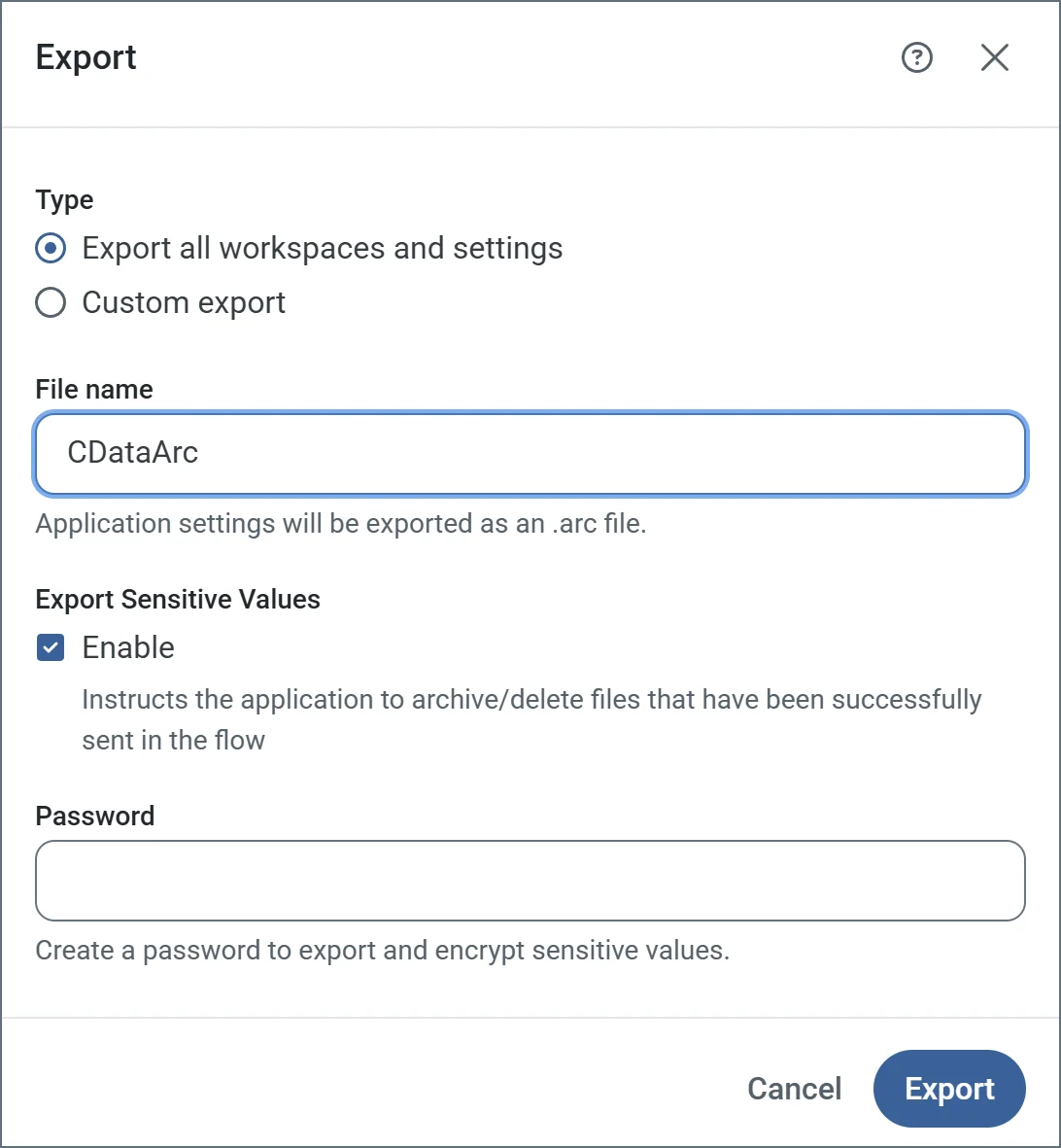 Application settings export dialog