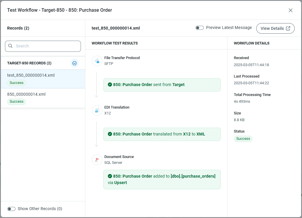 Successful active incoming workflow test results