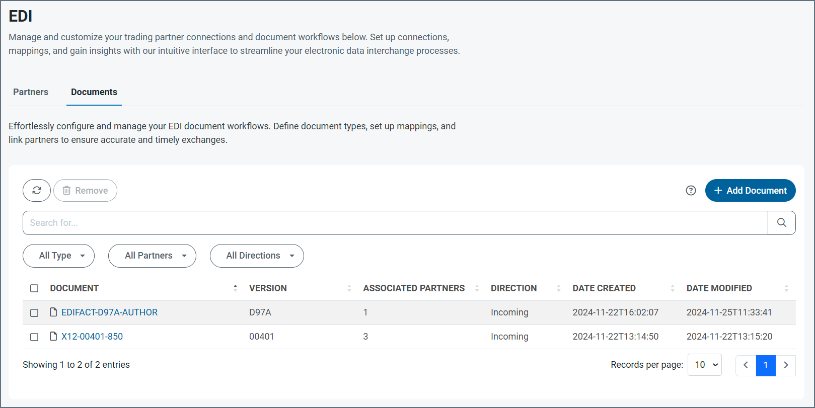 Documents tab list