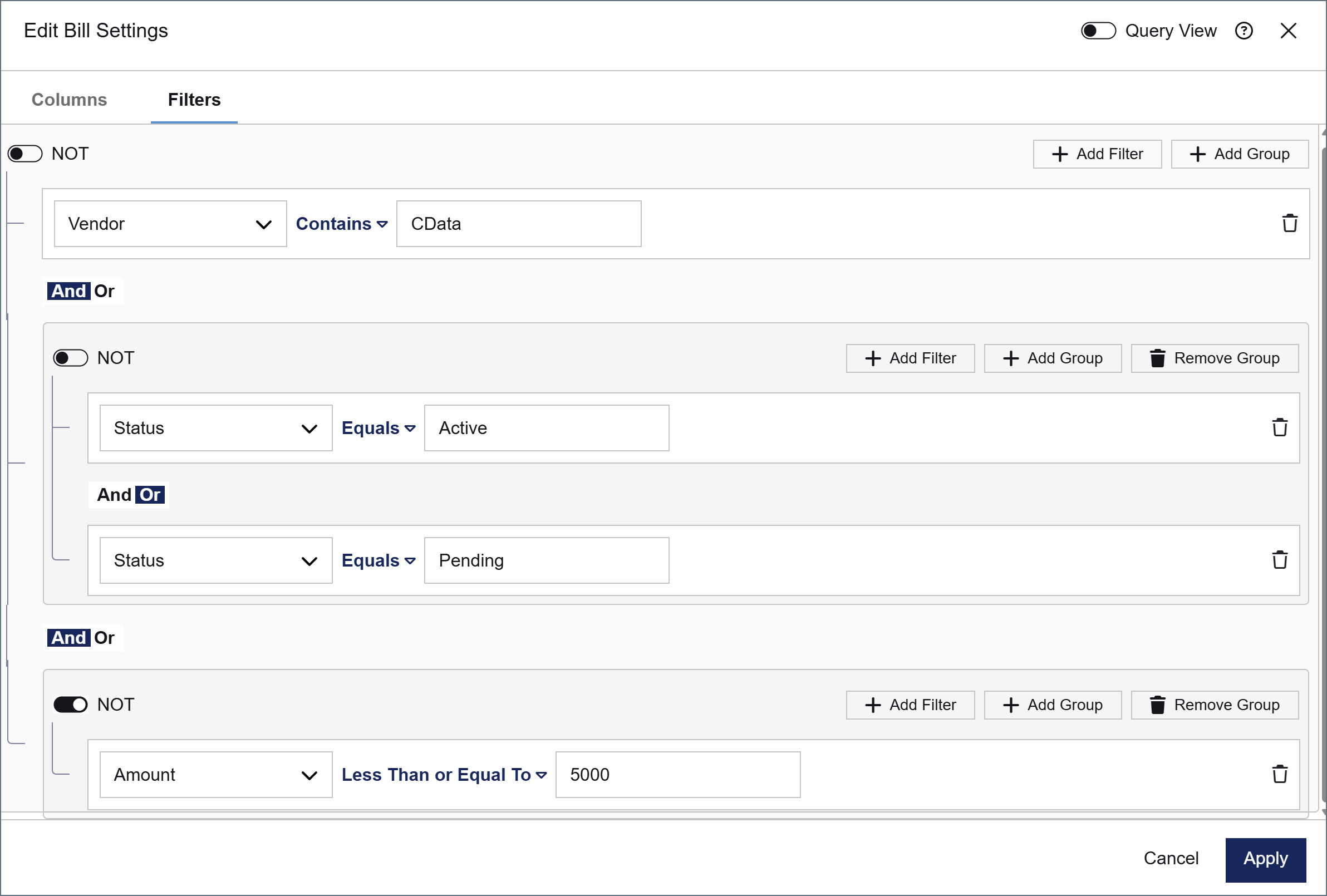 Multiple filter groups showing AND and OR logic