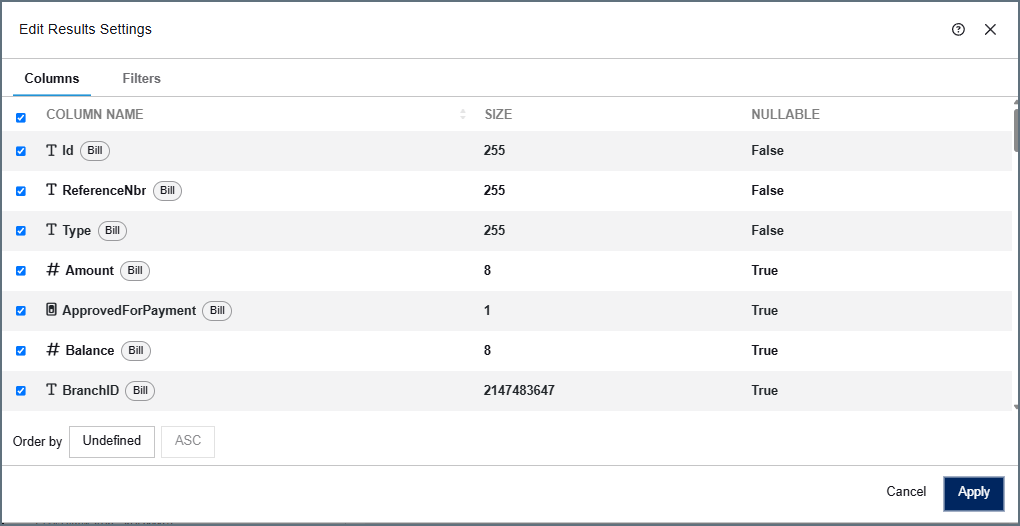 Edit Results Settings dialog showing the Columns tab with source table tags