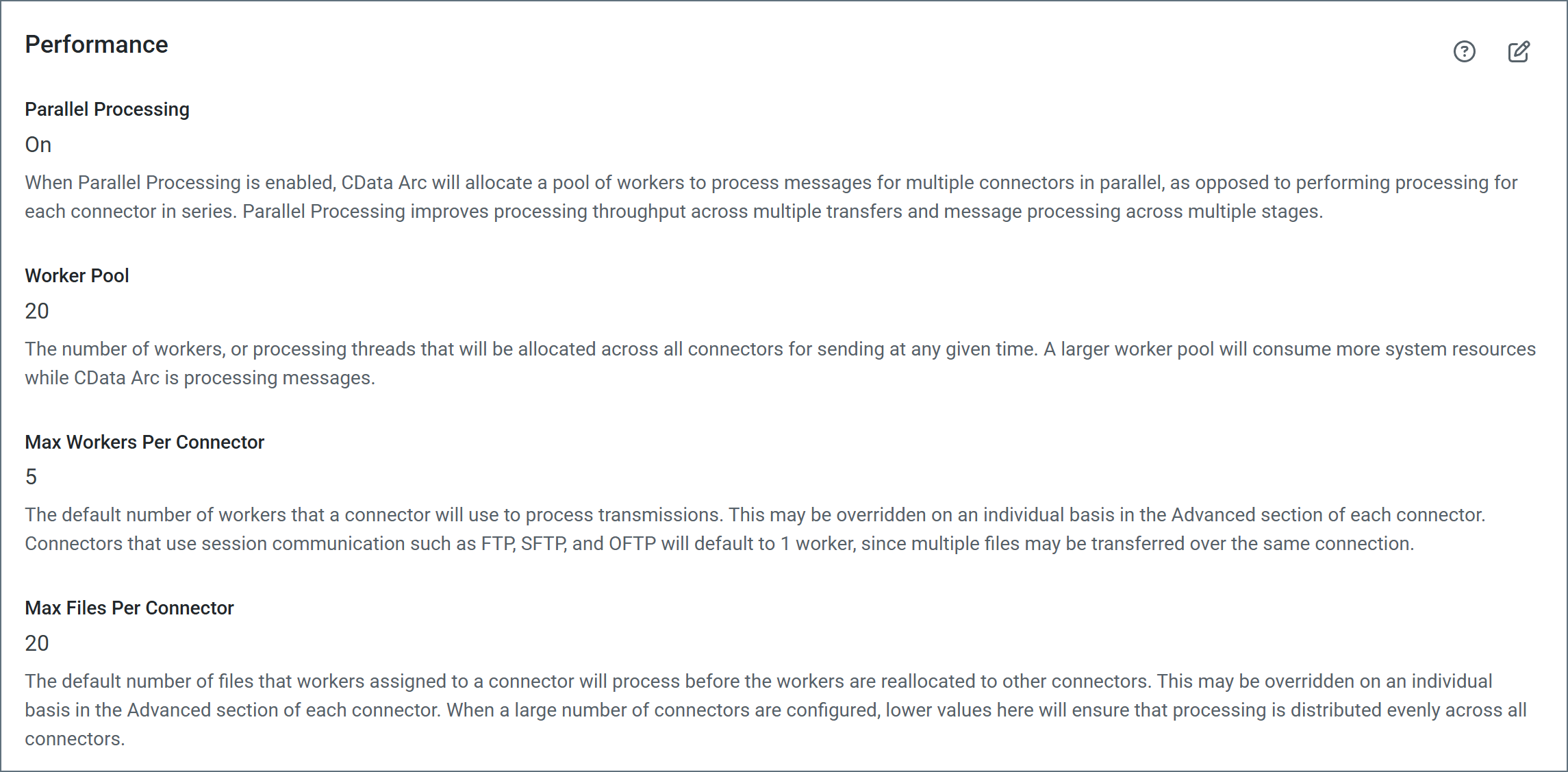 Performance settings page