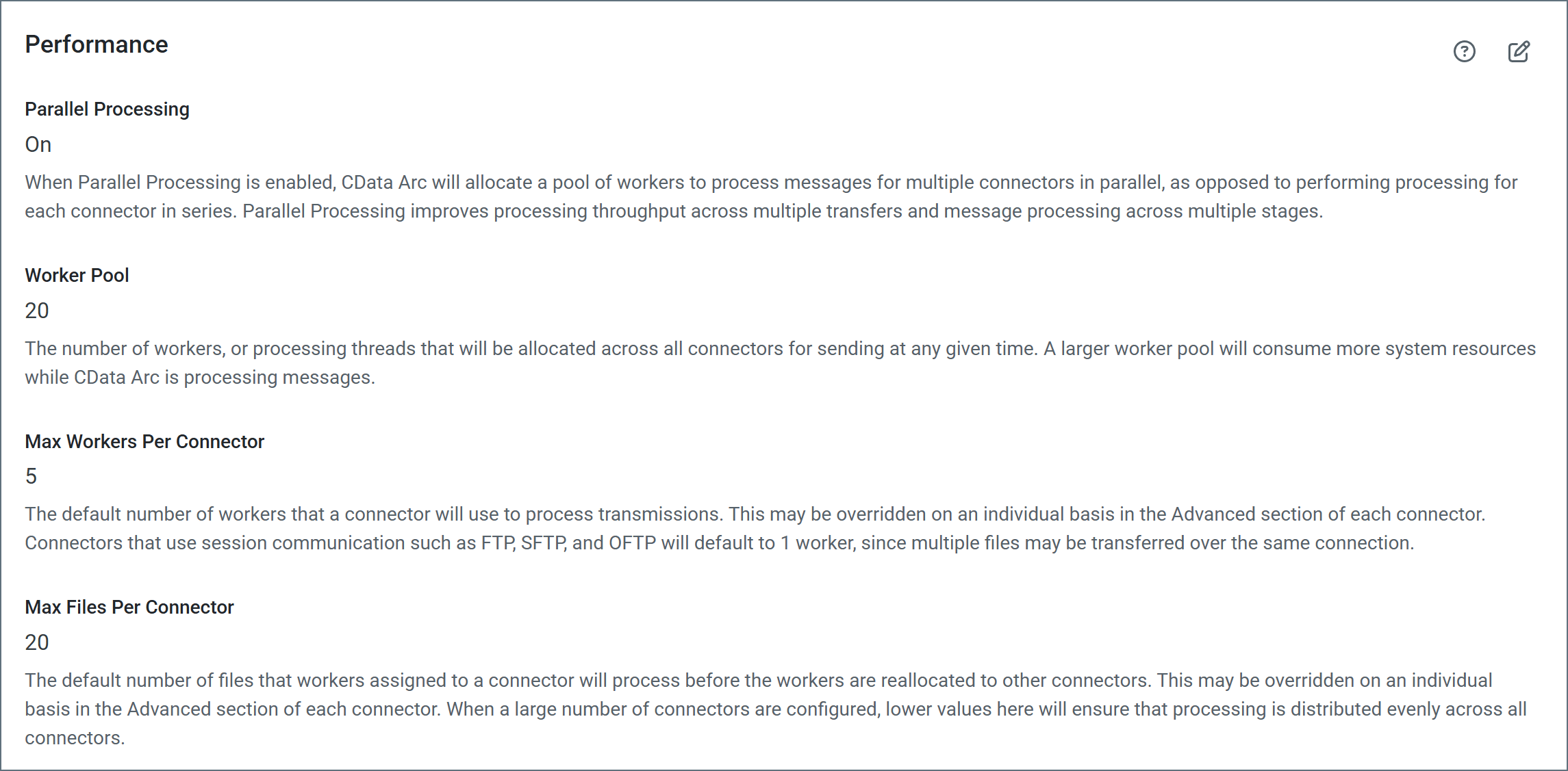 Performance settings page
