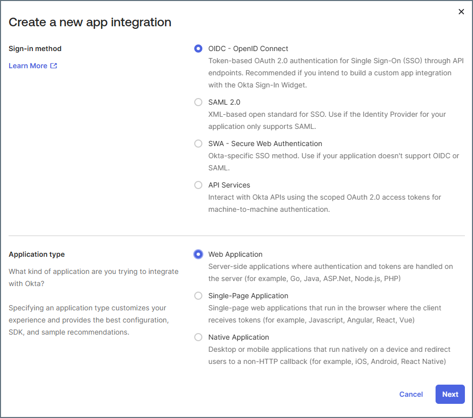 Create new app integration dialog in Okta