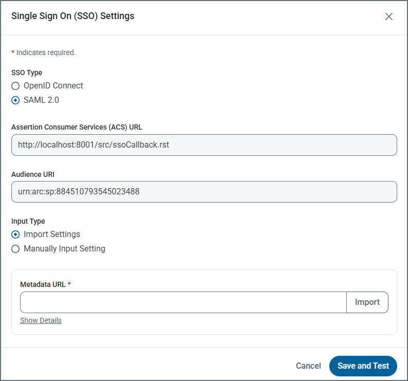 SAML 2.0 SSO settings dialog showing ACS URL and audience URI