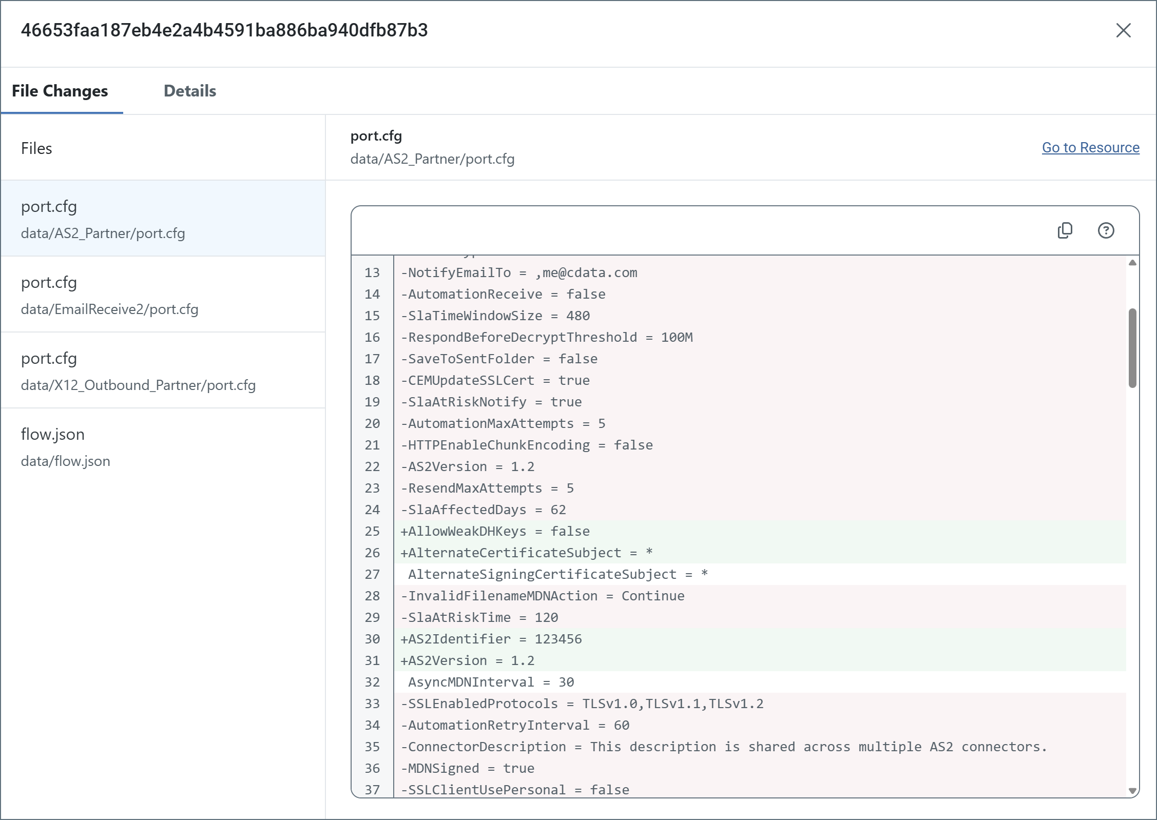 Commit details with file diff view