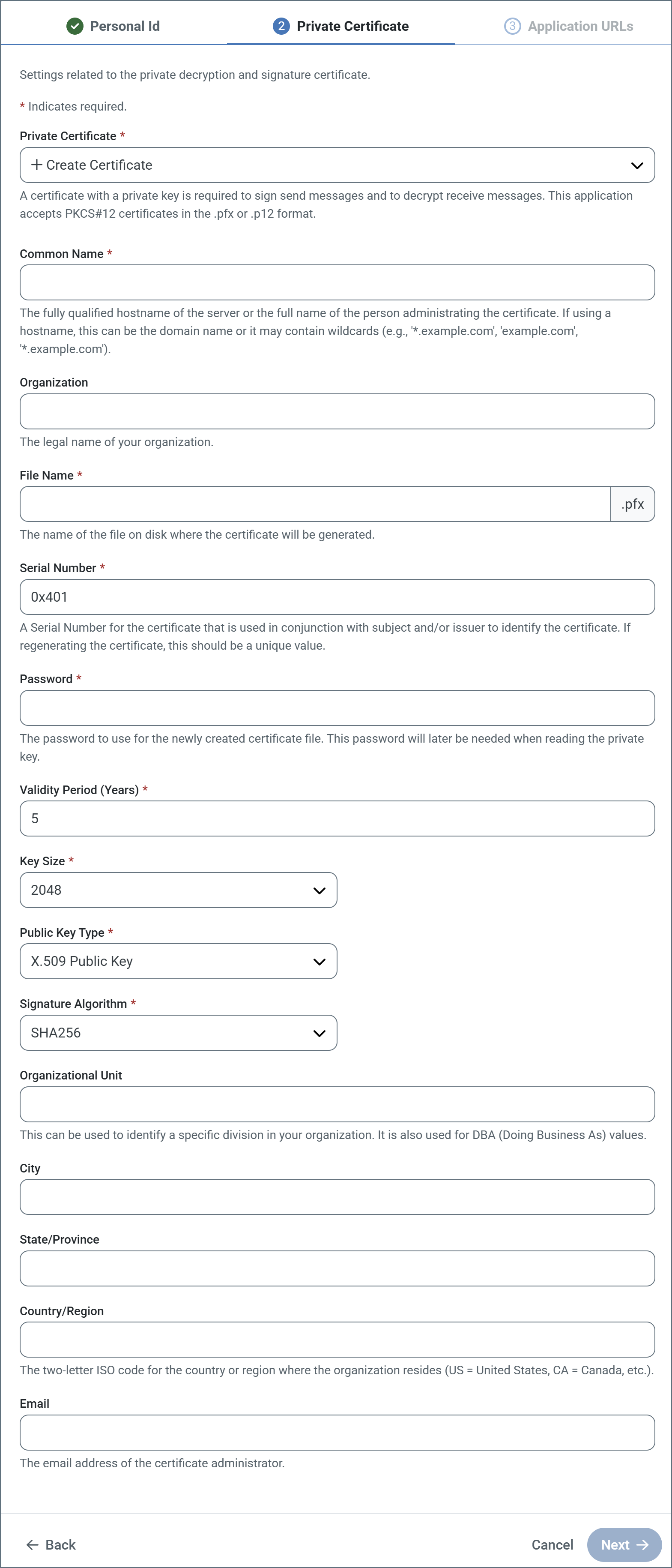 Create Certificate option in the Private Certificate dropdown
