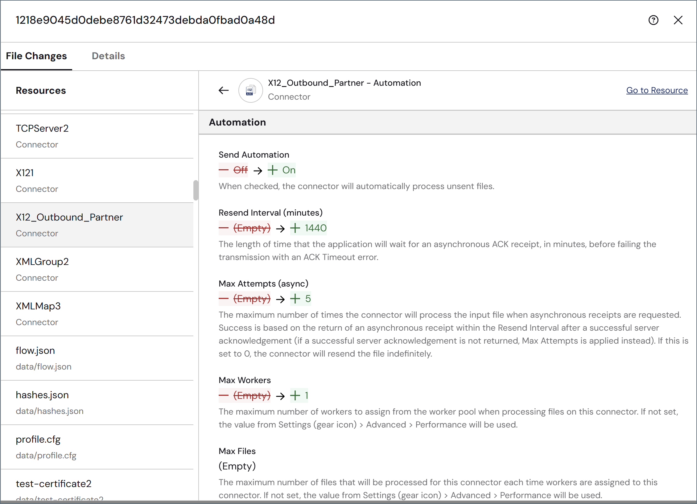 Commit details showing all settings