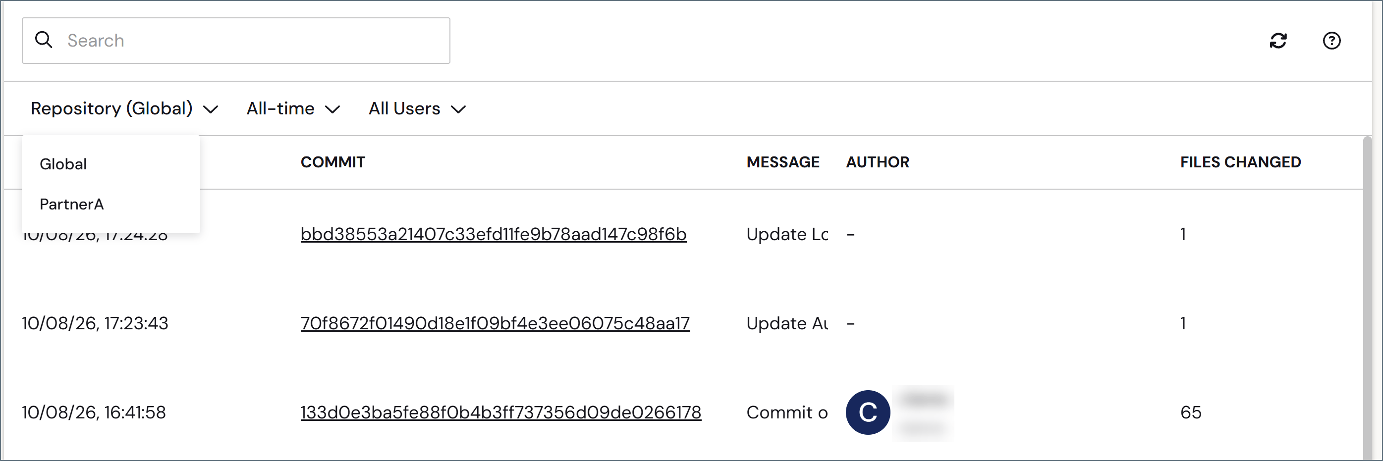 Commit history tab on the Activity page
