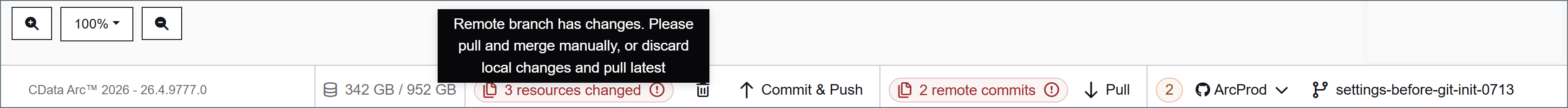 Commit and pull conflict message in toolbar