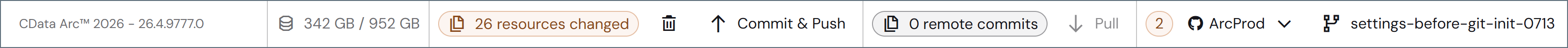Git version control footer toolbar showing the selected repository