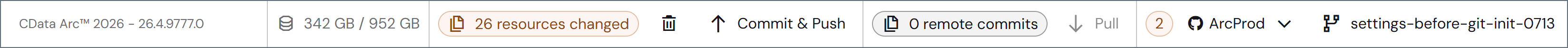 Git version control footer toolbar showing the selected repository