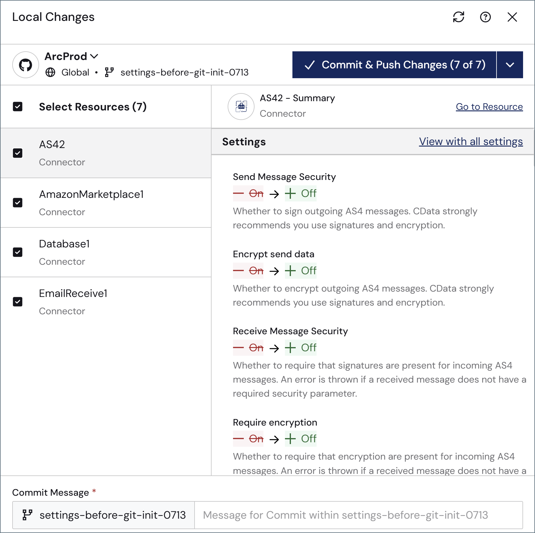 Local Changes flyout with the repository selector in the header