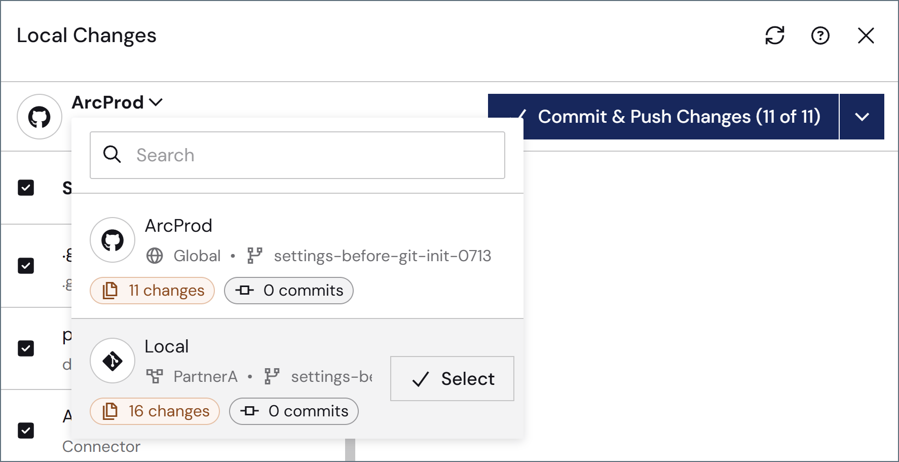 Repository selector open in the Local Changes flyout