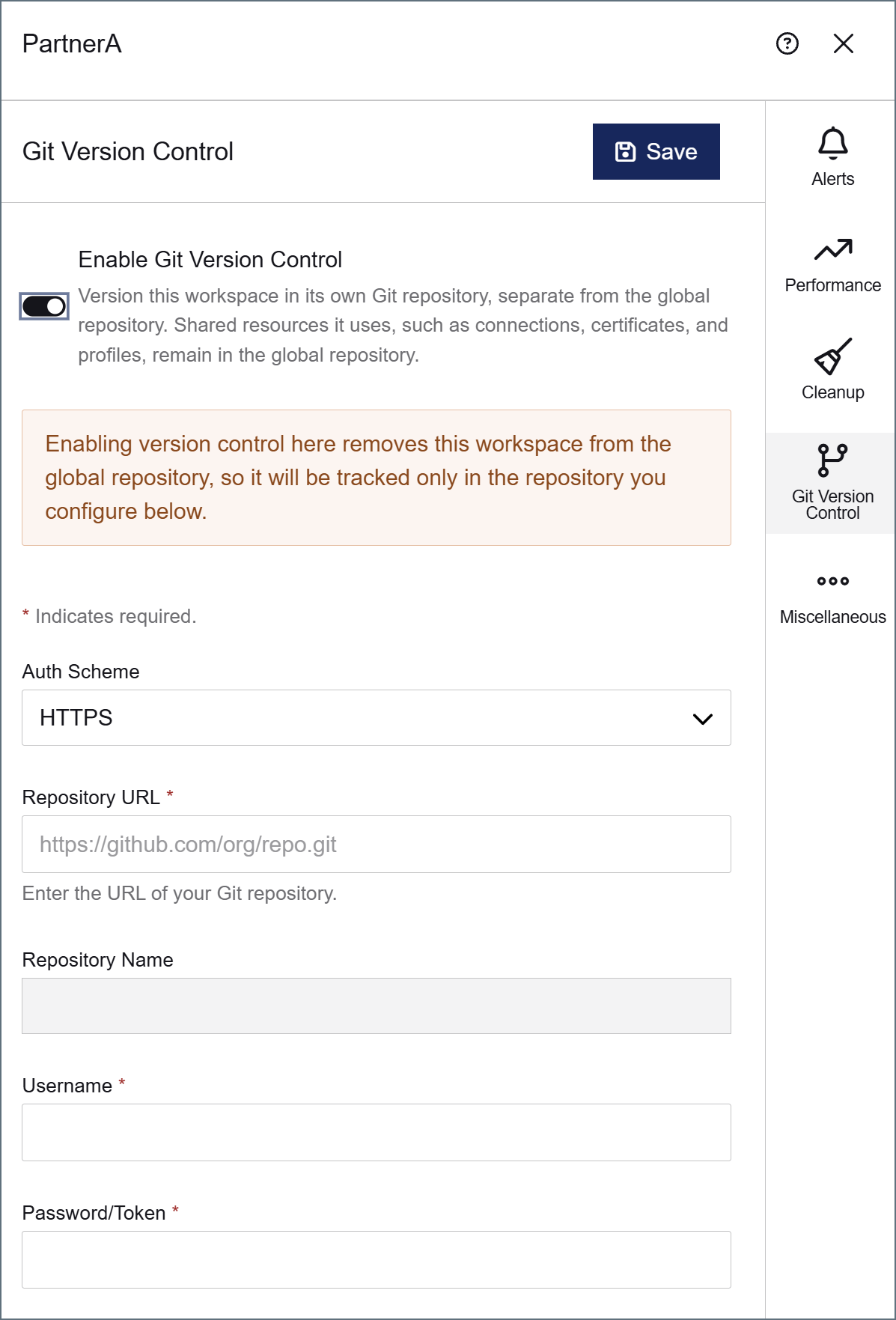 Workspace settings Git Version Control tab with version control enabled