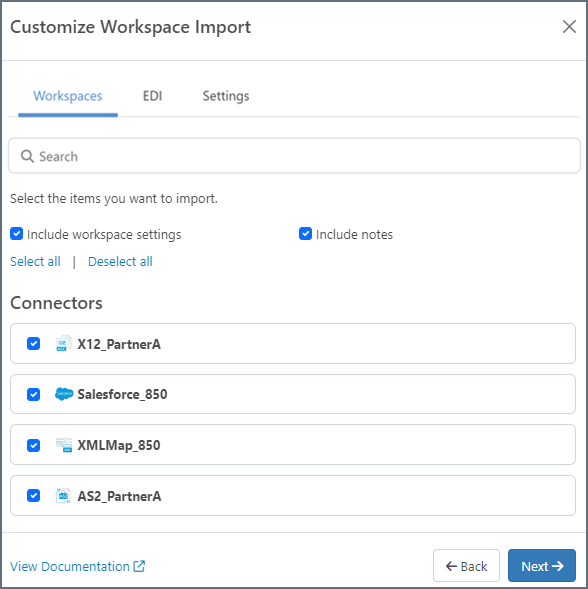 Customize workspace import dialog