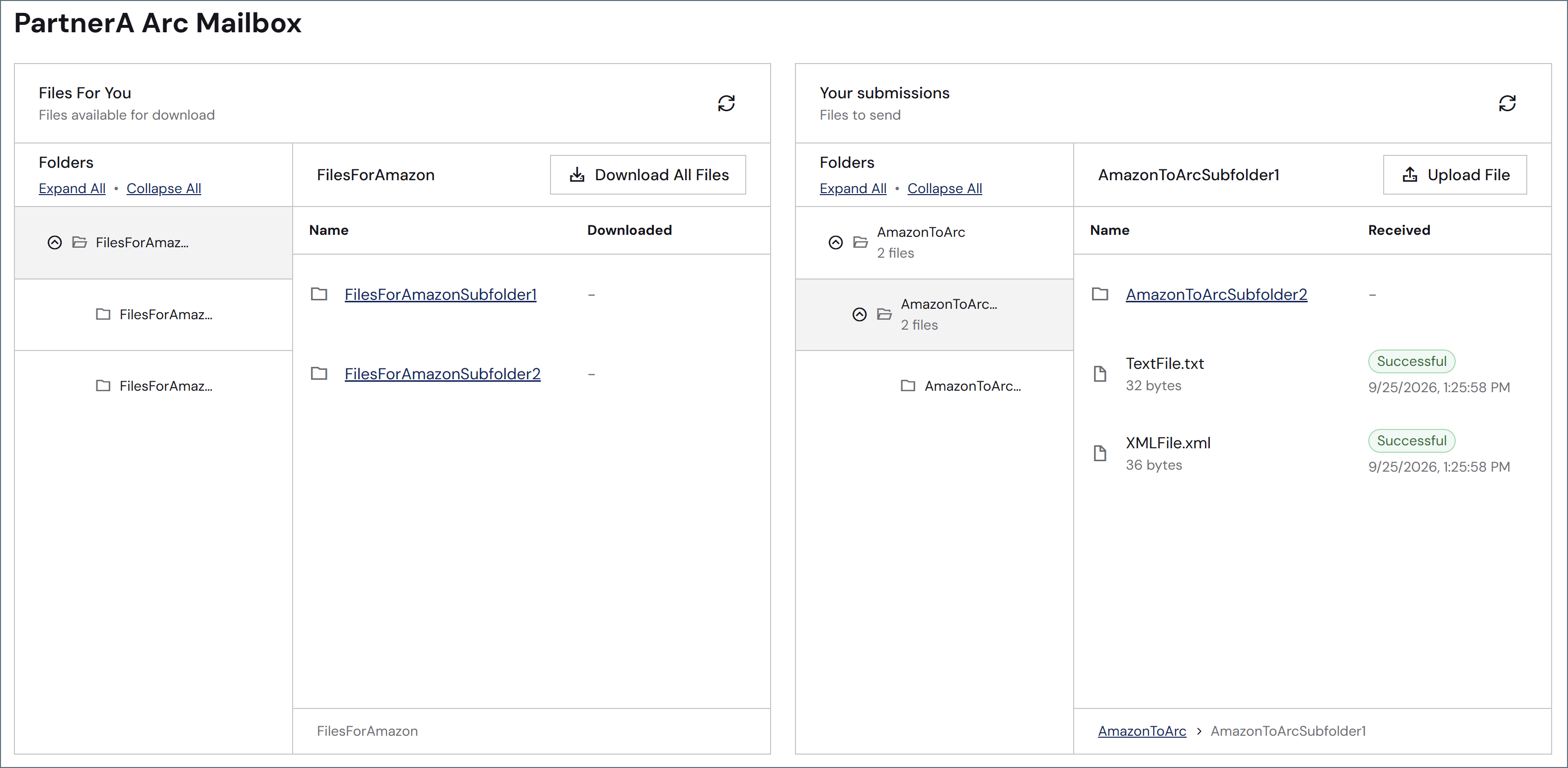 The partner mailbox page showing the Files For You and Your submissions sections side by side