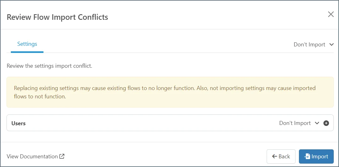 Review flow import conflicts dialog
