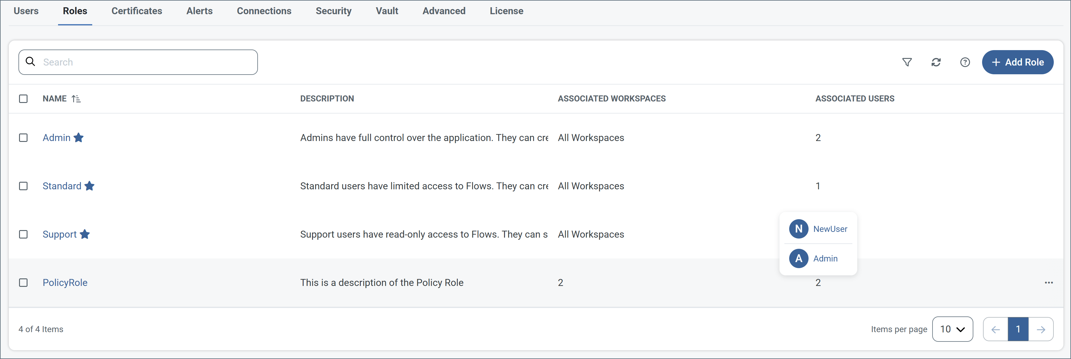 Roles tab with associated users and workspaces