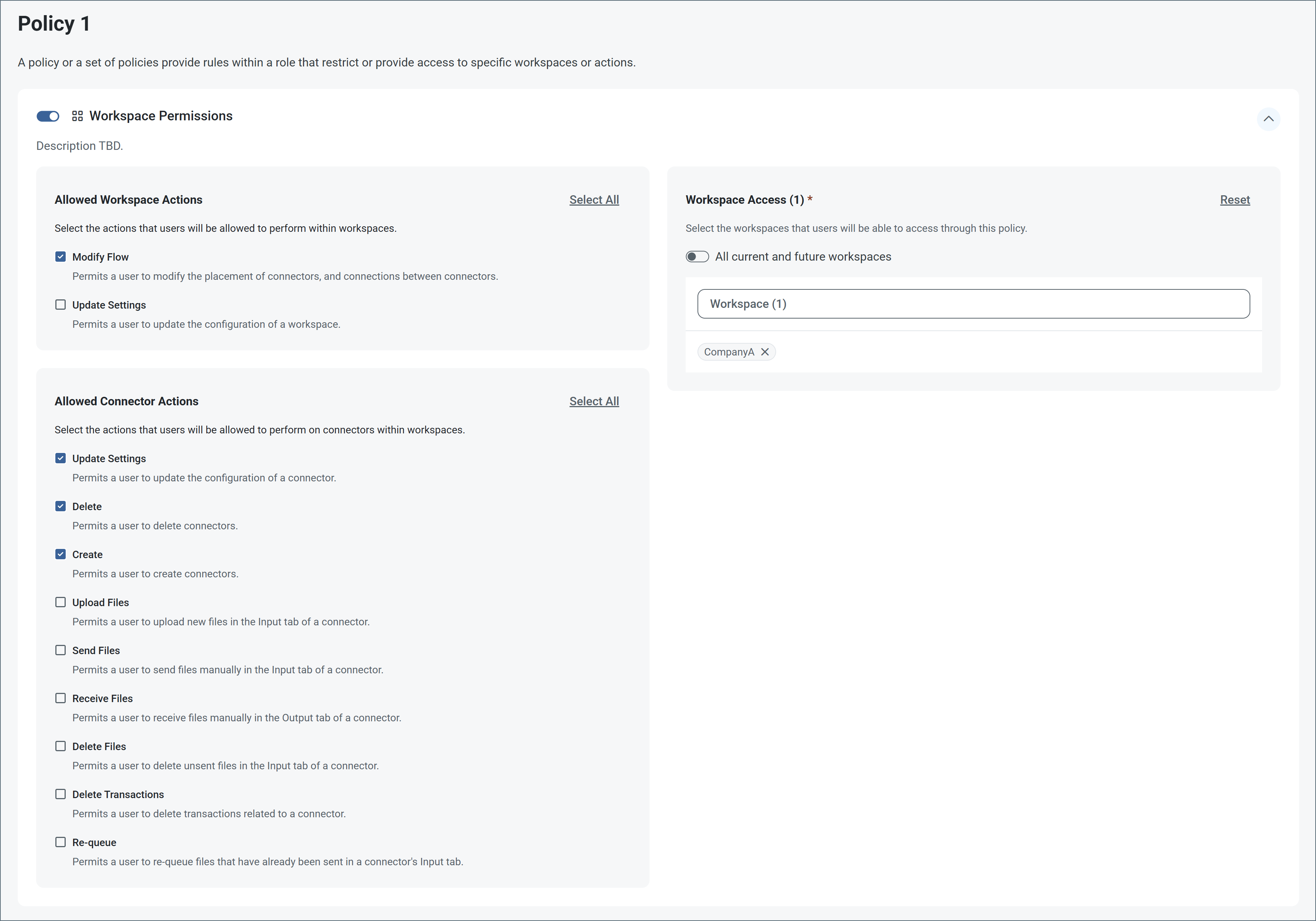 Policy 1 with workspace and connector permissions completed