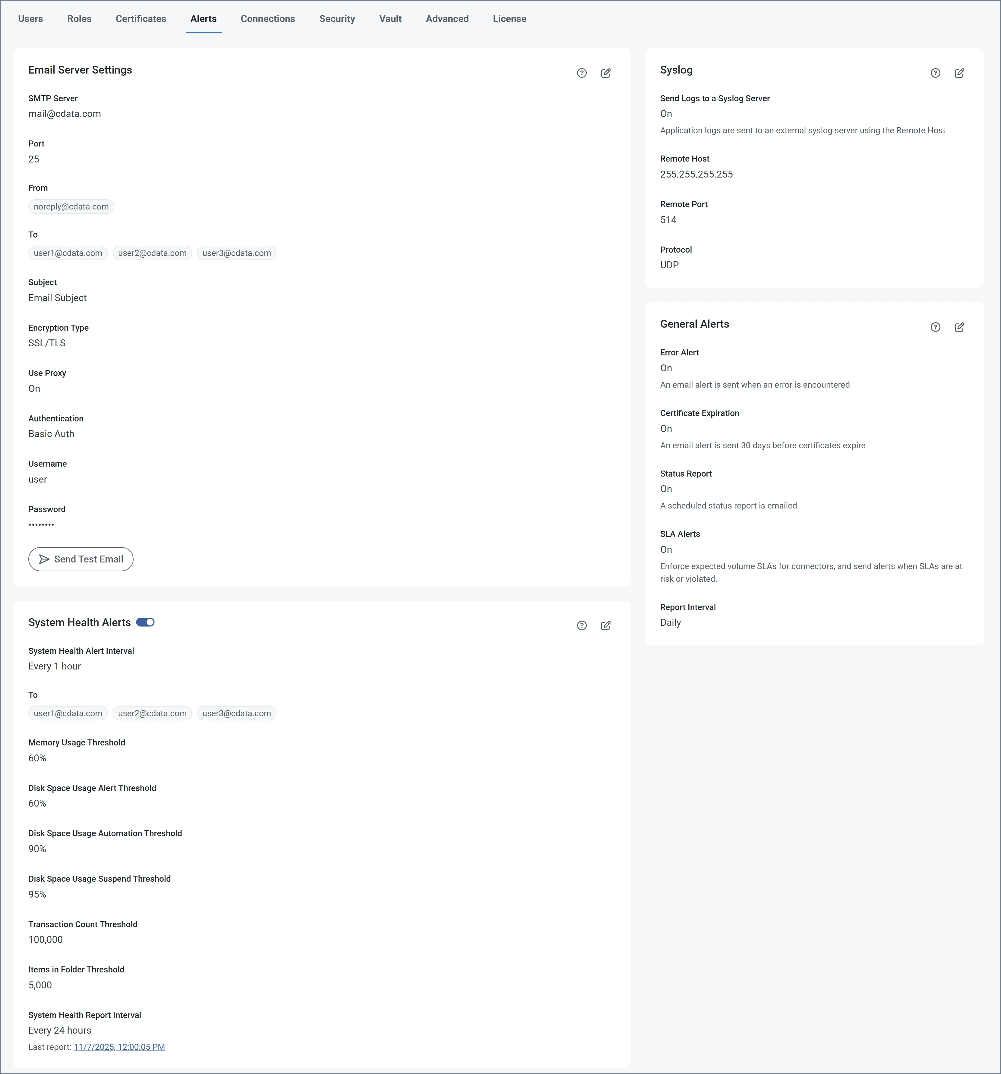 Alerts settings page
