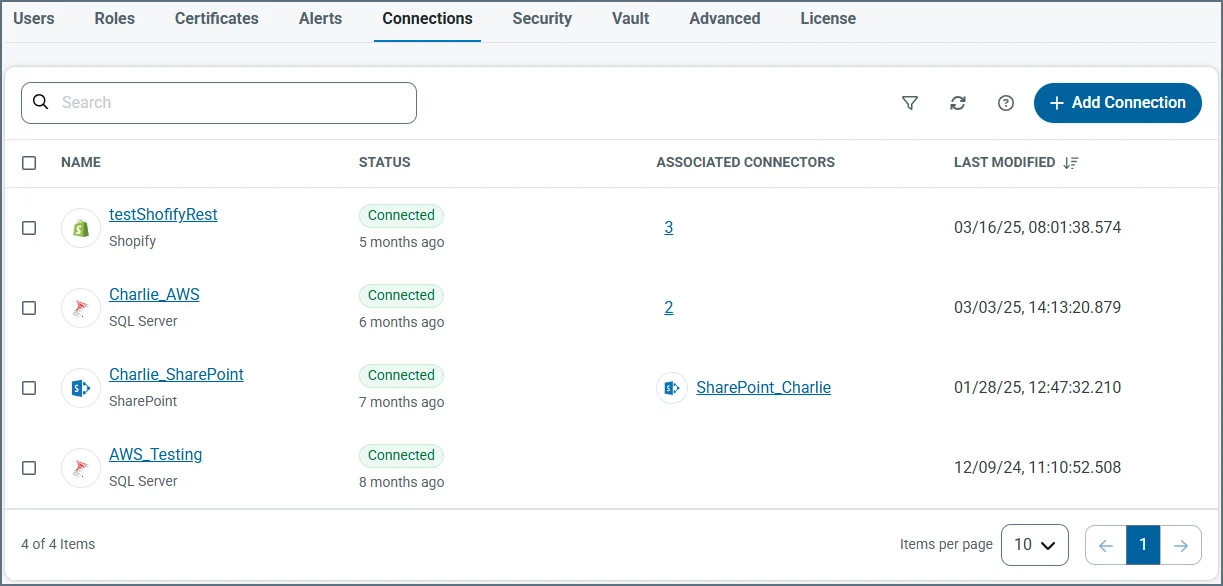 Connections settings tab