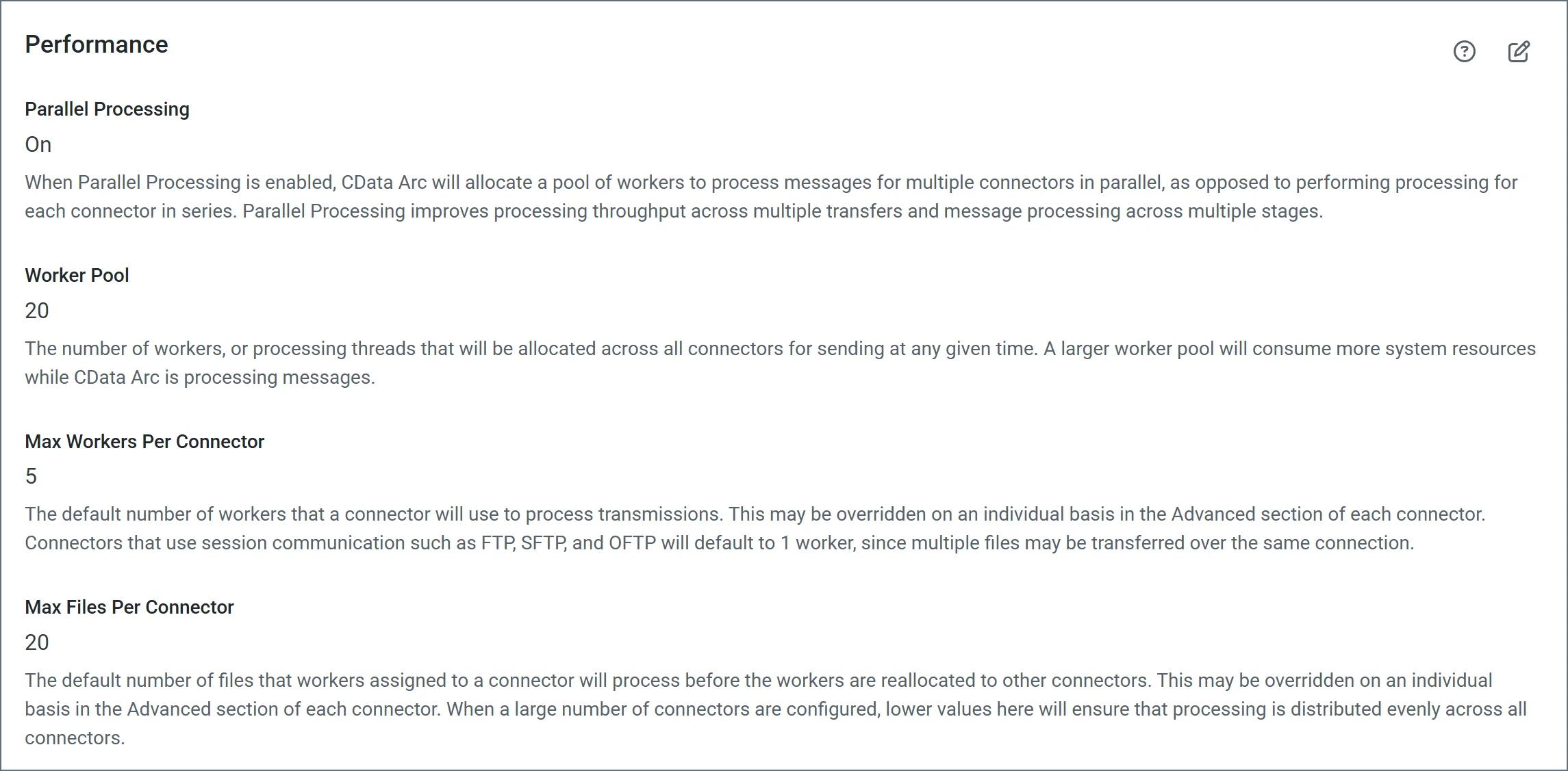 Performance settings page