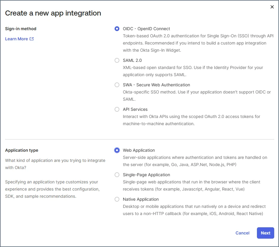 Create new app integration dialog in Okta