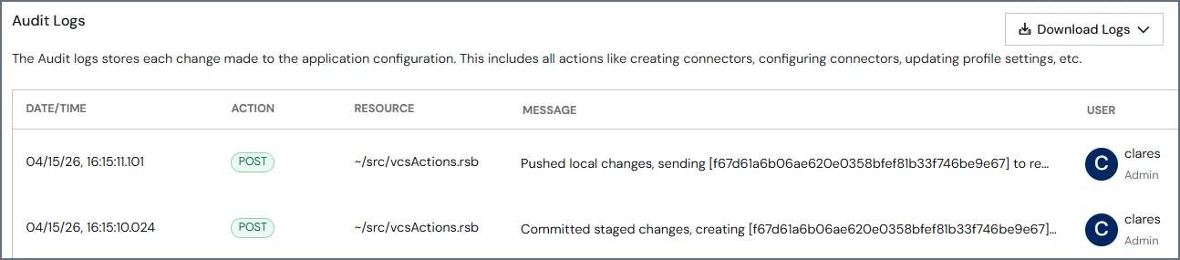 Audit logs for version control changes